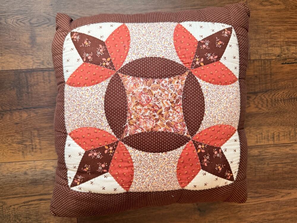 Vintage Brown Quilted Patchwork Pillow Cottage Core 14 x 14